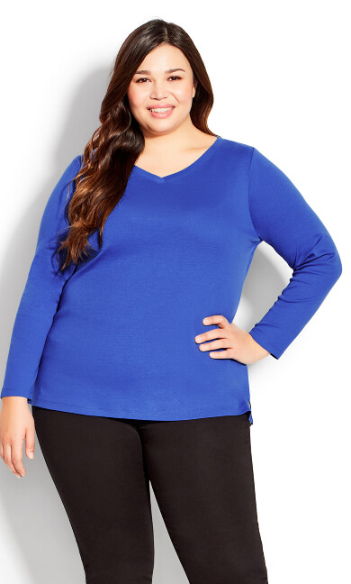 Plus Size V Neck Long Sleeve Top indigo blue