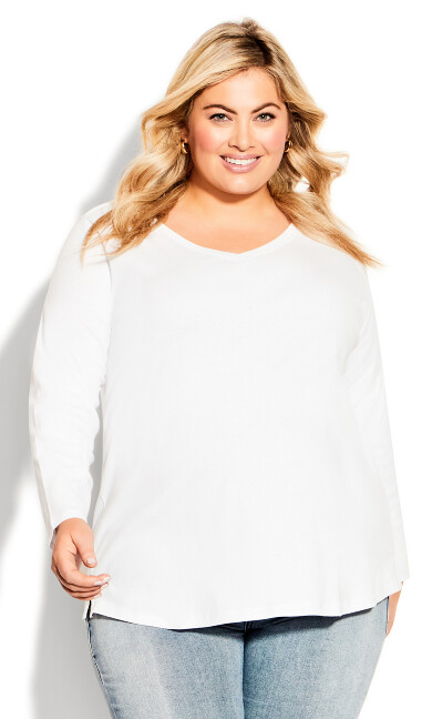 V Neck Essential Long Sleeve Tee - white