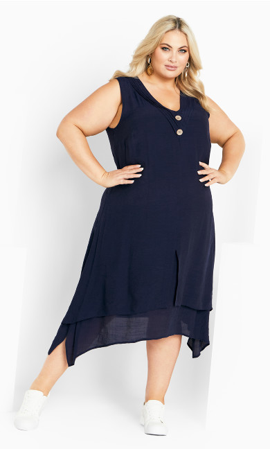 Pleat Button Dress - navy