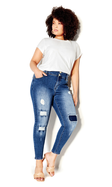 Patched Apple Skinny Jean - mid denim