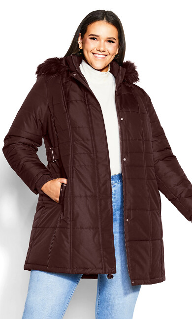 Side Belt Puffer Coat - wine