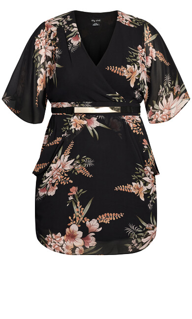 Sweet Batwing Sleeves Floral Wrap Dress - black