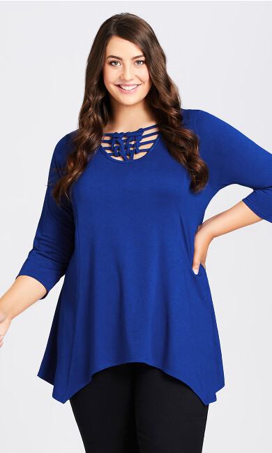 Plus Size Caged 3/4 Sleeve Tunic - cobalt