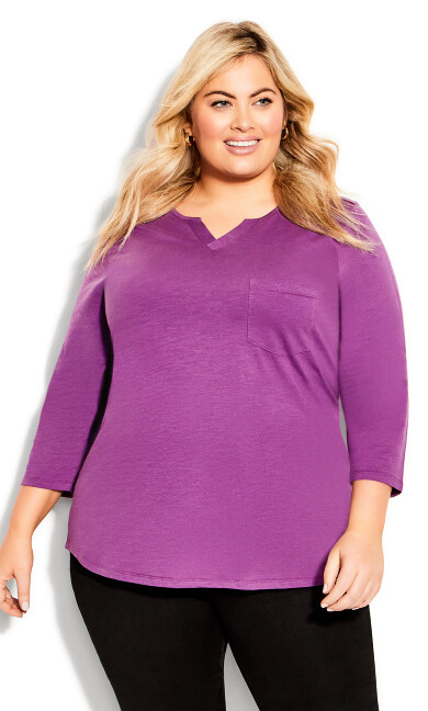 Notch Neck 3/4 Sleeve Plain Tee - deep lilac