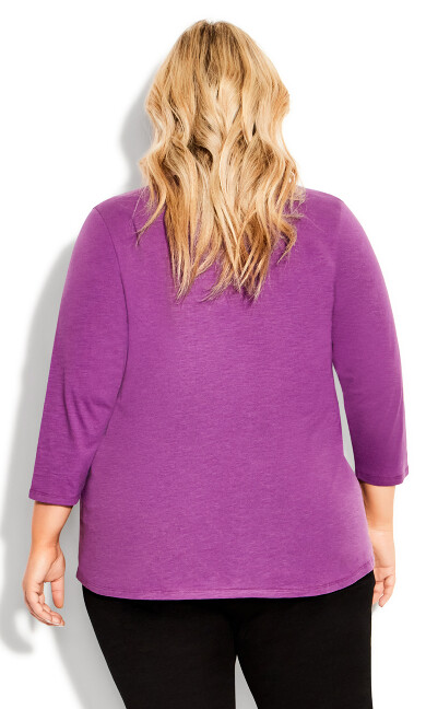 Notch Neck 3/4 Sleeve Plain Tee - deep lilac