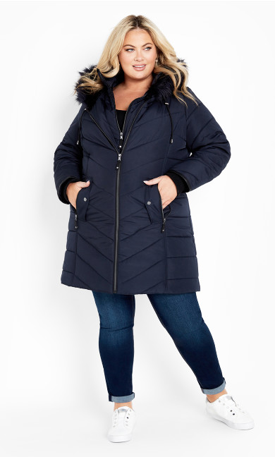 Chevron Faux Fur Hood Long Puffer Coat - navy