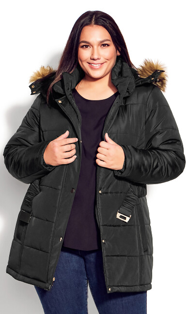 Plus Size Puffer Belted Hood Coat - black