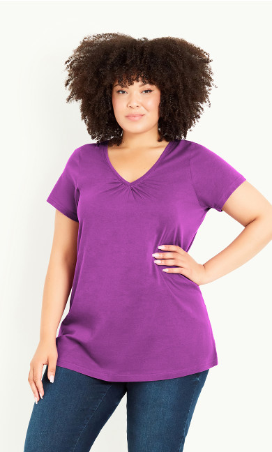 Plus Size Gathered V Neck Cotton Top - purple