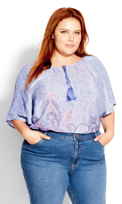 Plus Size Medallion Border Peasant Top - lavender