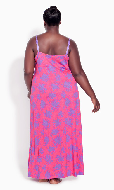 Lace Trim Print Maxi Sleep Dress - fuchsia floral