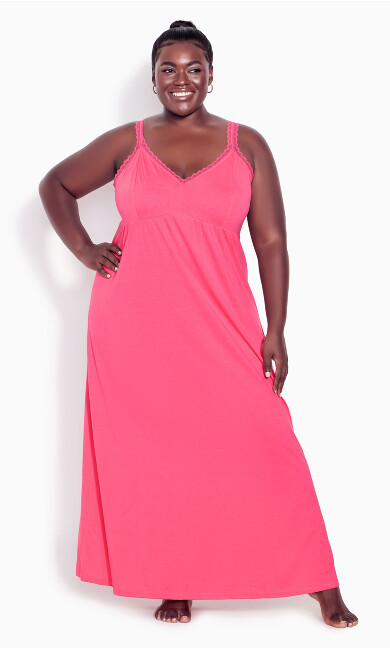 Lace Trim Plain Maxi Dress - pink