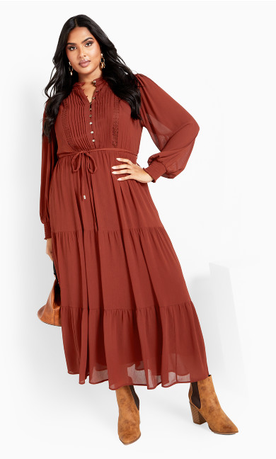 Jasmin Sleeved Tier Maxi Dress - henna