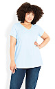 Plus Size Gathered V Neck Cotton Top - pale blue