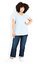 Plus Size Gathered V Neck Cotton Top - pale blue