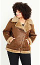 Plus Size Asymmetrical Faux Fur Jacket - brown