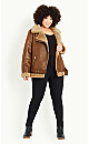 Plus Size Asymmetrical Faux Fur Jacket - brown